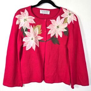 Vintage Tiara Cardigan Sweater Womens M Pink Embellished Poinsettia Festive